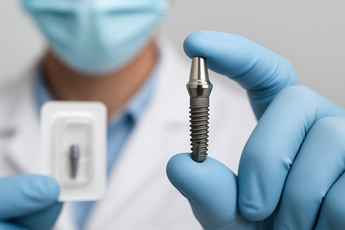 Close up image of a dentist holding up a titanium dental implant, with the packaging in the background. No text on image.