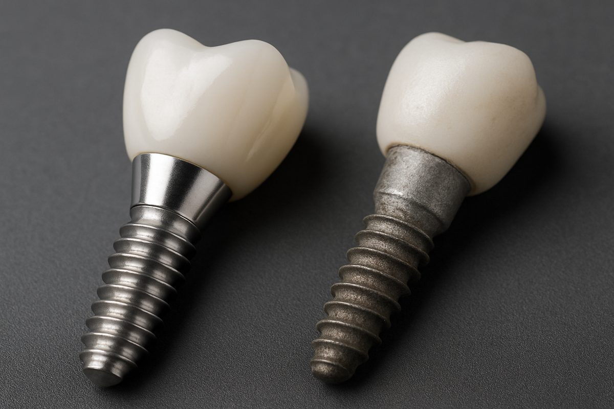 A close-up image contrasting a high-quality dental implant with a substandard, cheaper alternative, highlighting the differences in materials and construction. No text on the image.